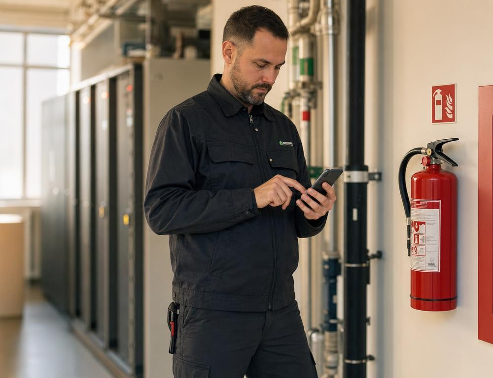 Techniker hakt die Prüfung am Smartphone ab