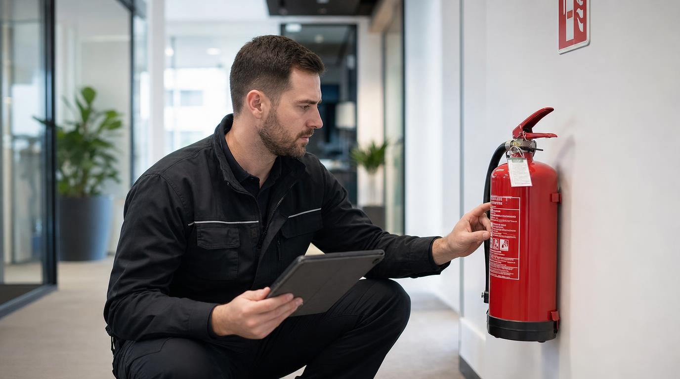 Prüfer mit Tablet vor einem Feuerlöscher