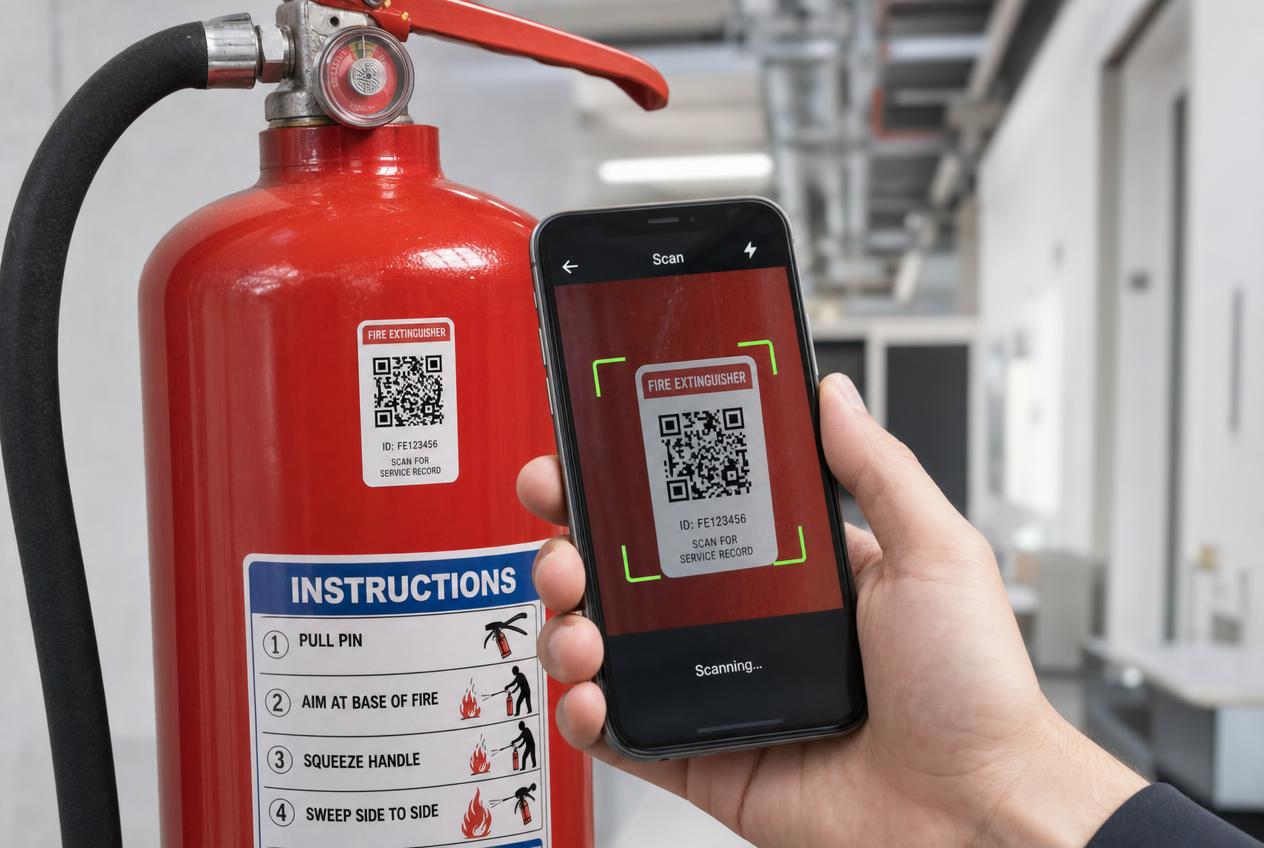 QR-Code an einem Feuerlöscher wird mit dem Smartphone gescannt